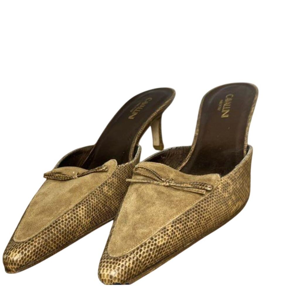Cavallini Metallic Gold Pointed Toe Kitten Heel Mules Bow Italy Y2K Vintage EUC